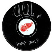 Chris Chelios Signed Detroit Red Wings Puck w/ HOF 2013 Beckett Witness BAS COA0