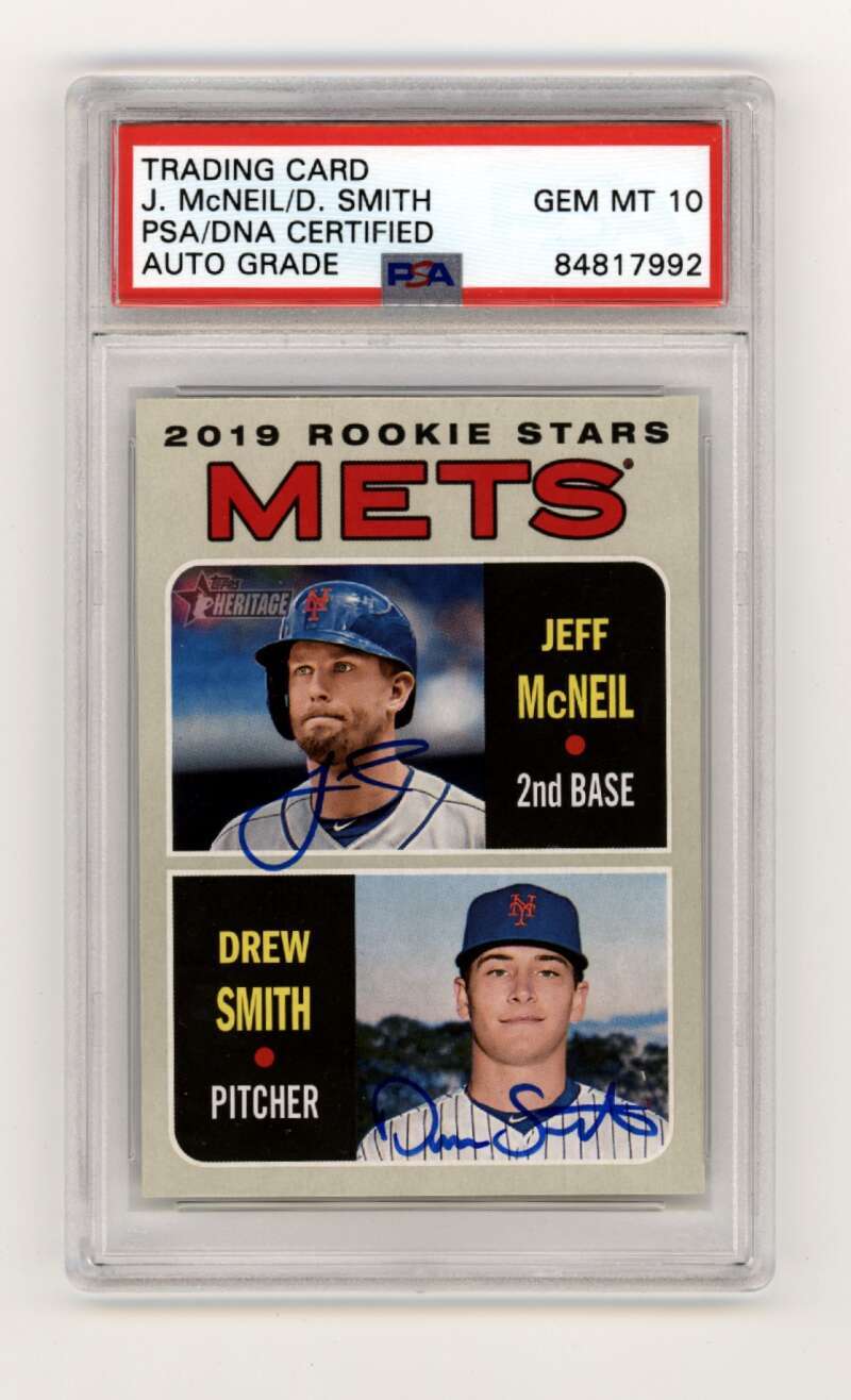 Jeff McNeil Drew Smith 2019 Topps Heritage #348 RC Dual Signed PSA 10 Auto Mets0
