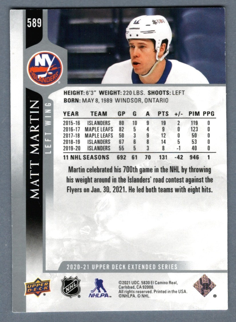 Matt Martin Signed 2020-21 Upper Deck Extended #589 LSCM COA New York Islanders1