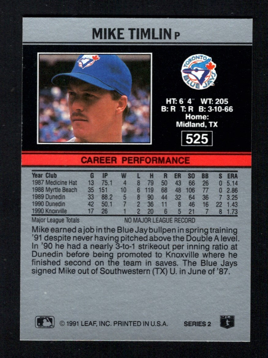 Mike Timlin Signed Auto 1991 Leaf #525 Rookie RC LSCM COA Toronto Blue Jays1