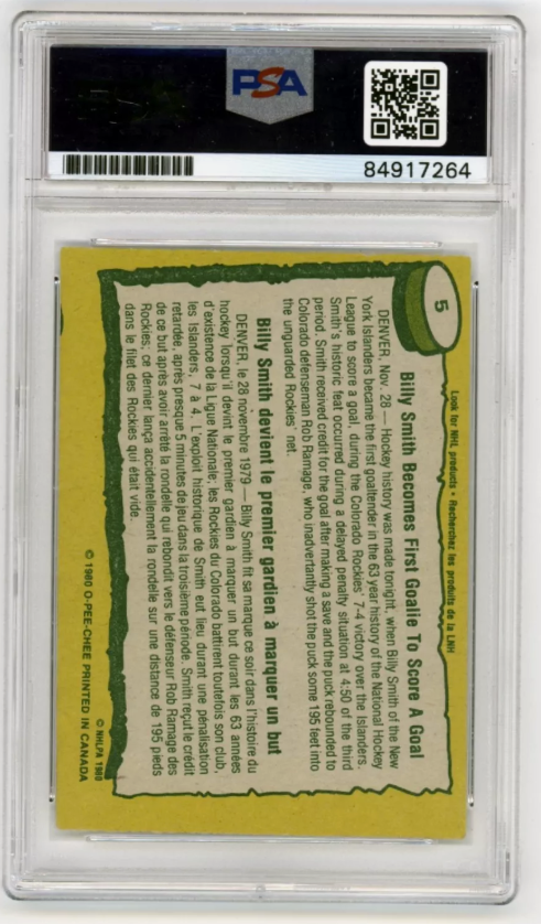 Billy Smith 1980-81 O-Pee-Chee OPC #5 Record Breaker Signed PSA Auth Auto Blue1