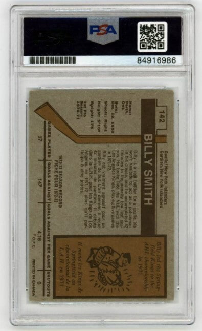 Billy Smith 1973-74 Topps Rookie RC #142 Signed PSA 10 Auto w/ 4 Inscriptions E1