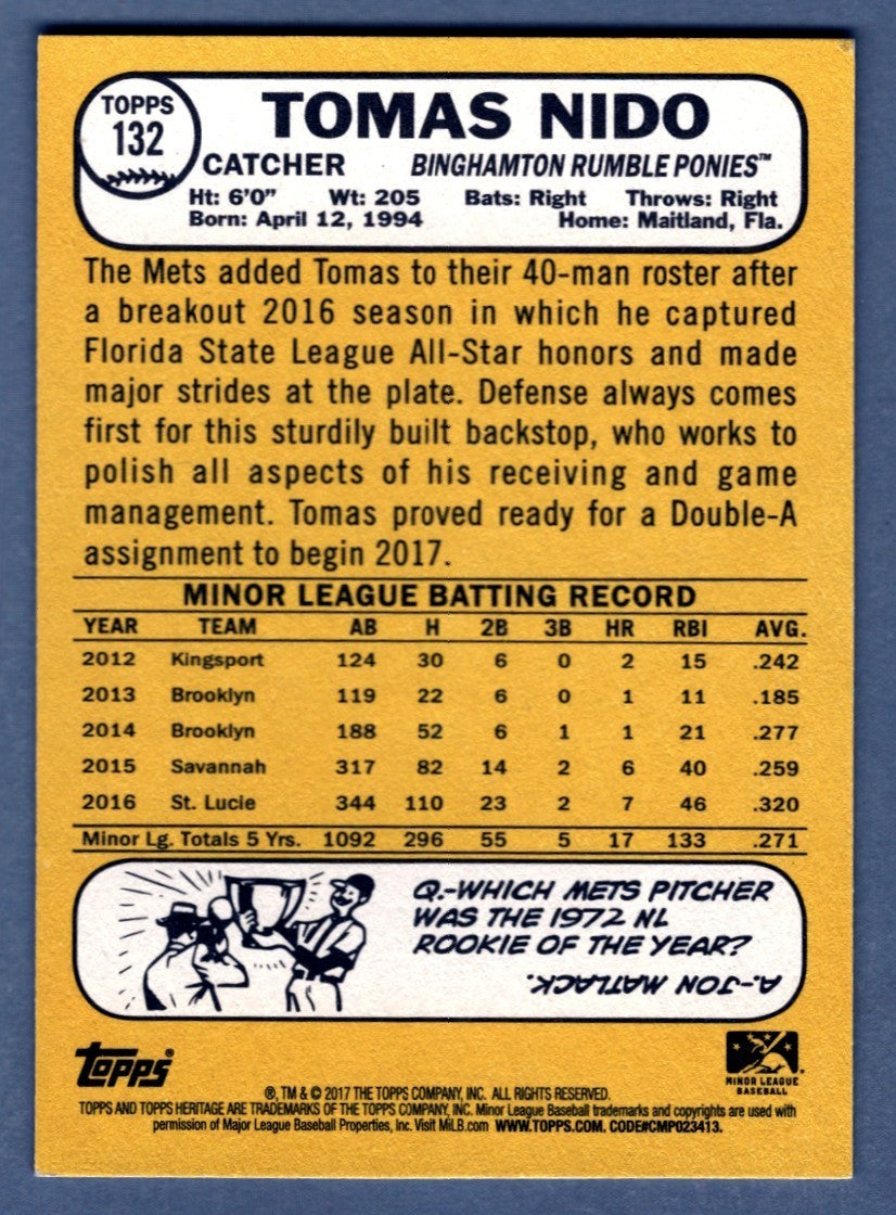 Tomas Nido Signed 2017 Topps Heritage Minors THM #132 Rookie RC New York Mets1