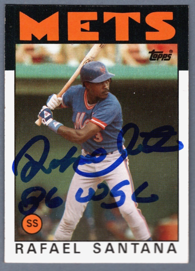 Rafael Santana Signed 1986 Topps #587 w/ 86 WSC Insc. LSCM COA NY Mets0