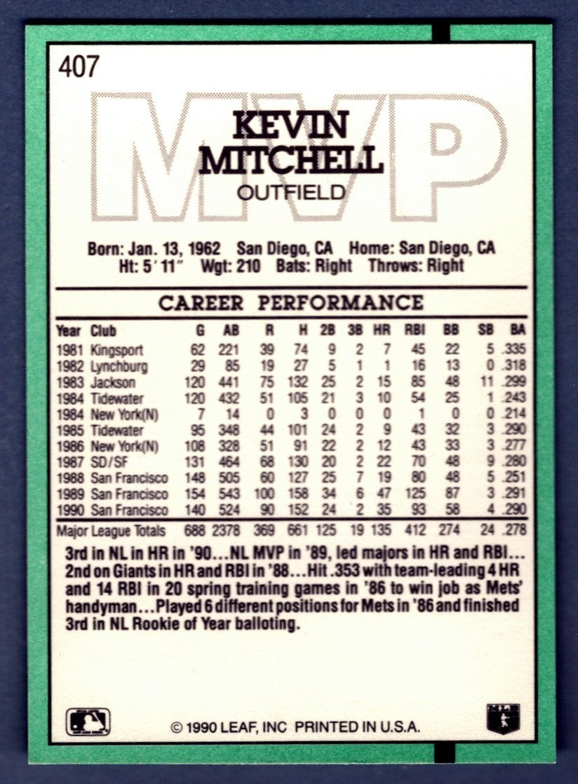Kevin Mitchell Signed 1990 Leaf #407 MVP LSCM COA San Francisco Giants1