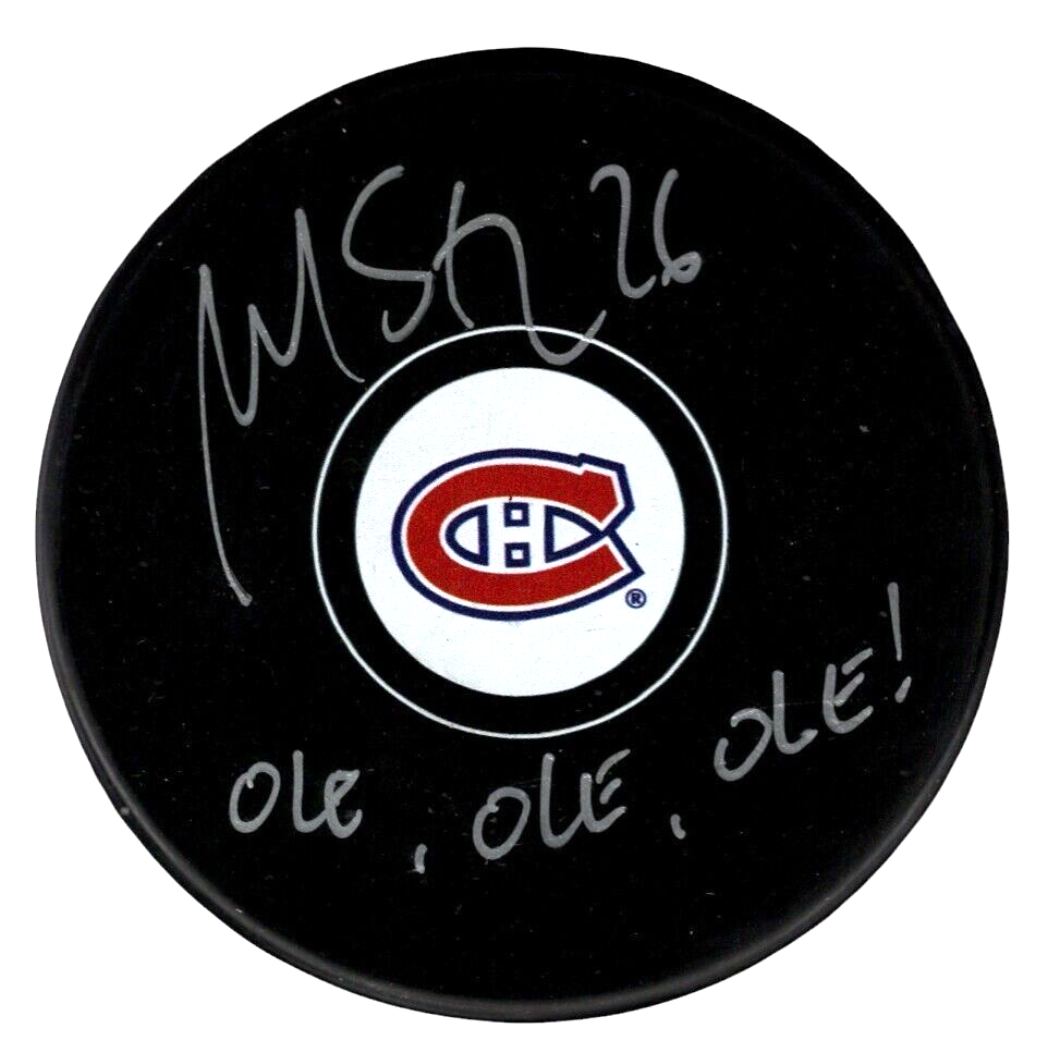 Martin St. Louis Signed Montreal Canadiens Logo Puck w/ Ole Ole Ole! PSA COA0