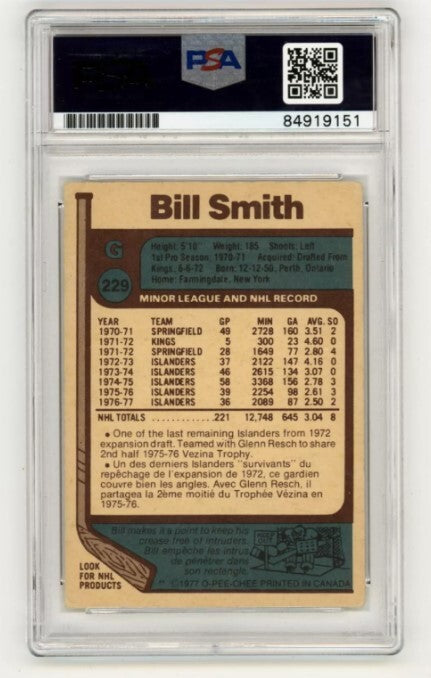 Billy Smith 1977-78 O-Pee-Chee OPC #229 Signed PSA Authentic Black Auto NYI HOF1