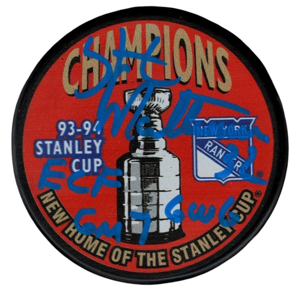 Stephane Matteau Signed Rangers 1994 Cup Puck w/ ECF GM 7 GWG Beckett W BAS COA0