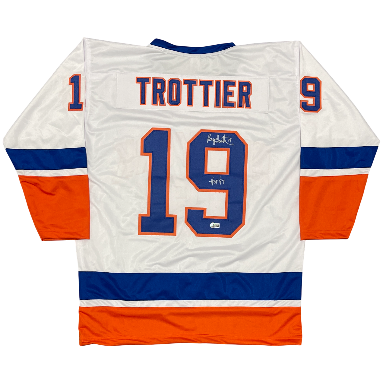 Bryan Trottier Signed Islanders Custom Jersey w/ HOF 97 Beckett Witness BAS COA0