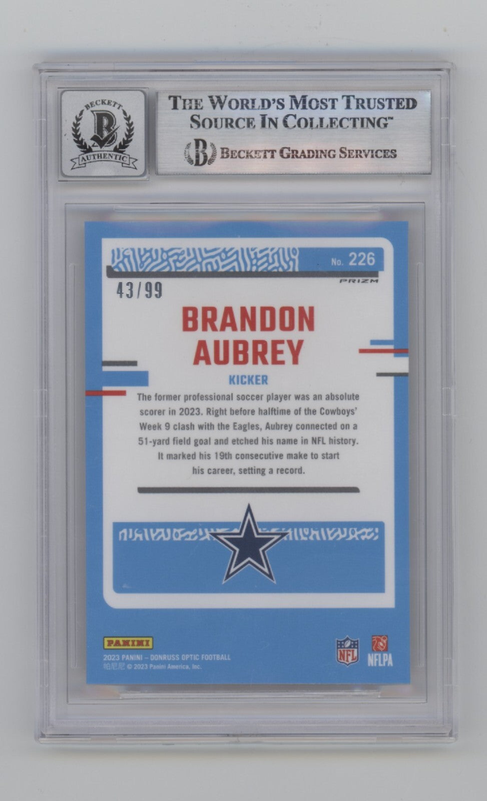 Brandon Aubrey 2023 Donruss Optic Red 226 RC #/99 Signed Beckett BGS 10 Auto1