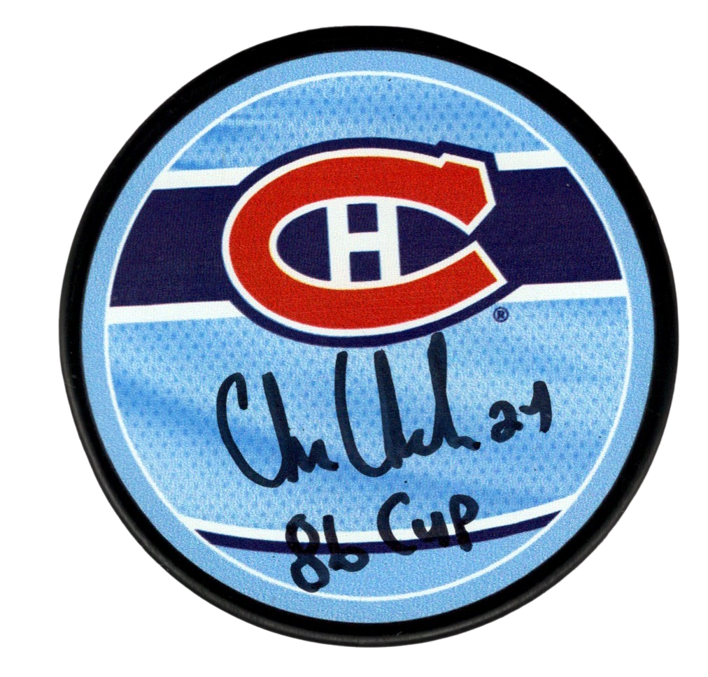 Chris Chelios Signed Canadiens Reverse Retro Puck w/ 86 Cup Beckett W BAS COA0
