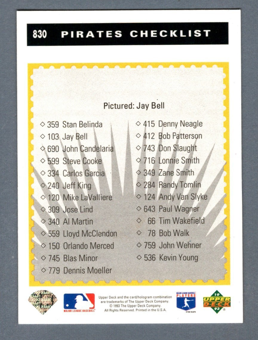 Jay Bell Signed Autographed 1993 Upper Deck #830 LSCM COA Pittsburgh Pirates1