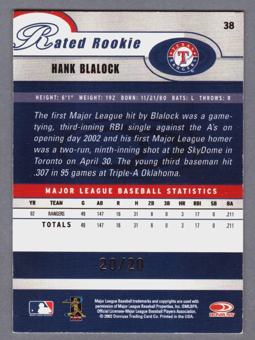 Hank Blalock Signed 2003 Donruss Recollection Rated Rookie RC #20/20 LSCM COA1