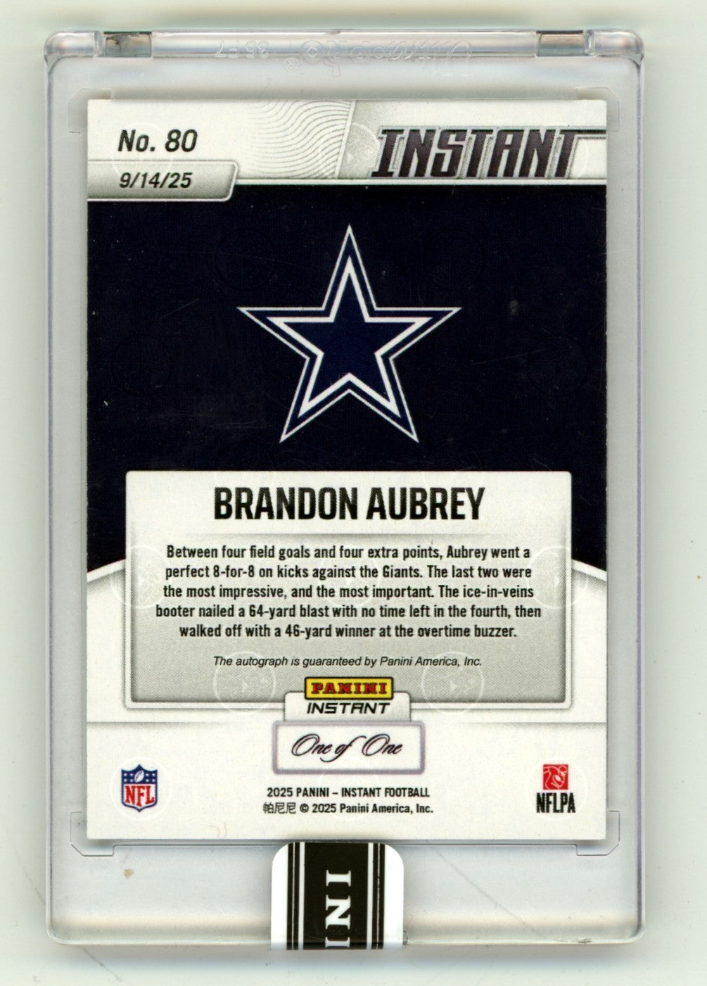 Brandon Aubrey 2025 Panini Instant #80 Lava Parallel Signed Auto #1/1 Cowboys1