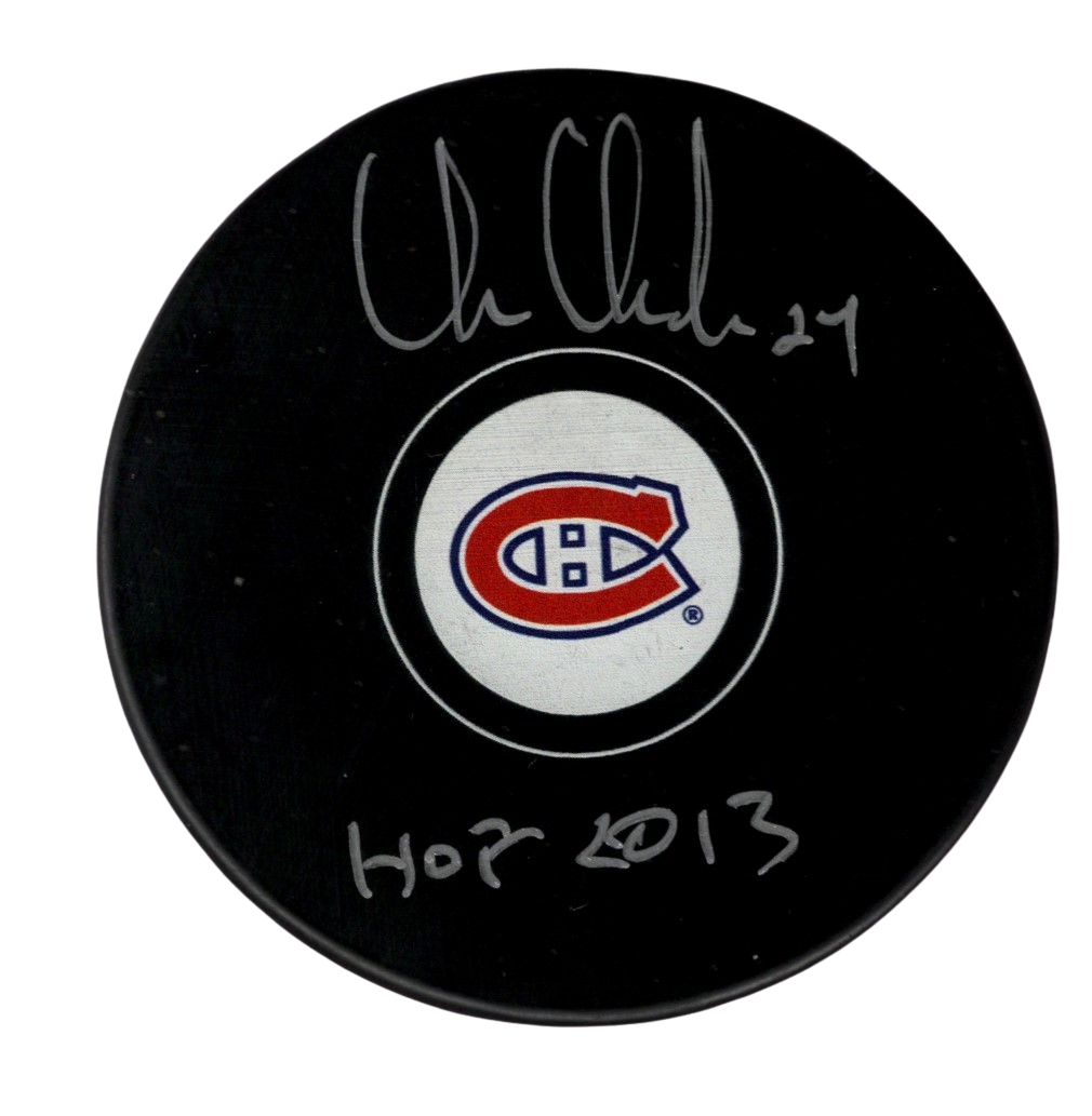 Chris Chelios Signed Auto Montreal Canadiens Puck w HOF 2013 Beckett Wit BAS COA0
