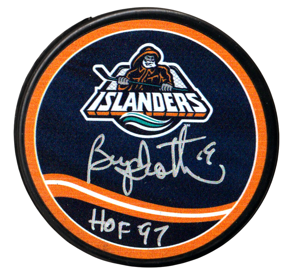 Bryan Trottier Signed Islanders Reverse Retro Puck w/ HOF 97 Beckett Wit BAS COA0