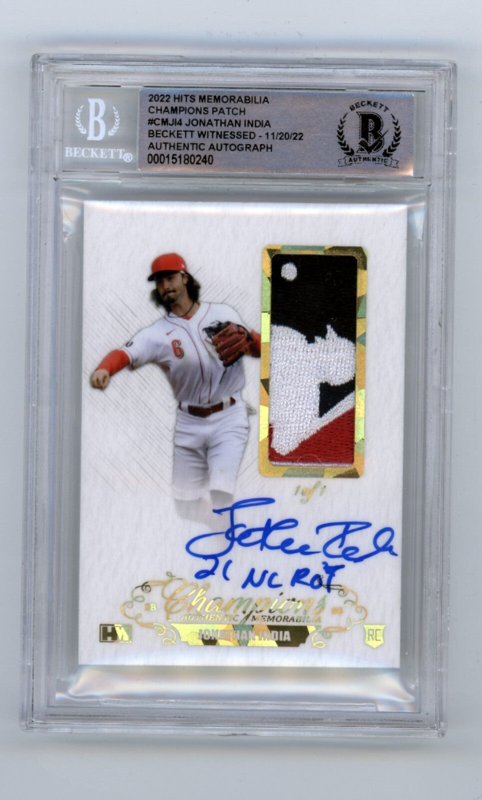 Jonathan India 2021 Hits Memorabilia Champions Gold Logoman Patch Auto RC /1 BGS0