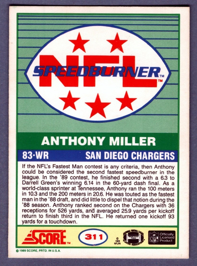 Anthony Miller Signed 1989 Score #311 Speed Burner Rookie RC LSCM COA Chargers1