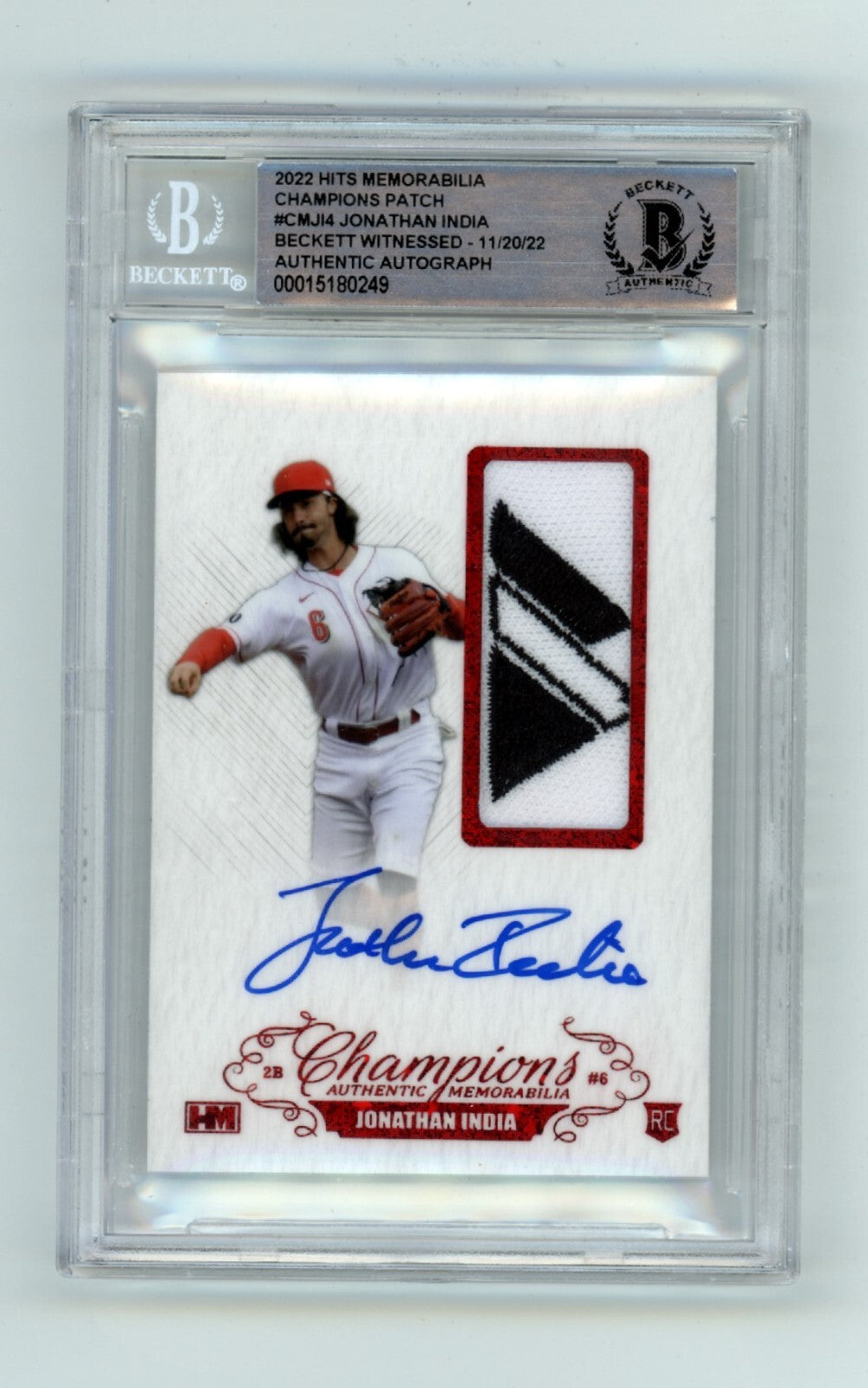 Jonathan India 2021 Hits Memorabilia Champions Red Majestic Patch Auto RC #2/3 0