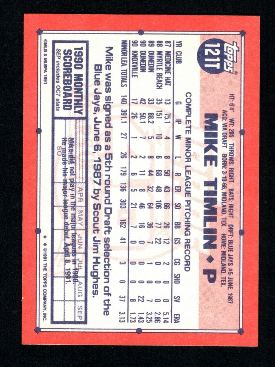 Mike Timlin Signed Auto 1991 Topps Traded #121T Rookie RC LSCM COA Blue Jays1