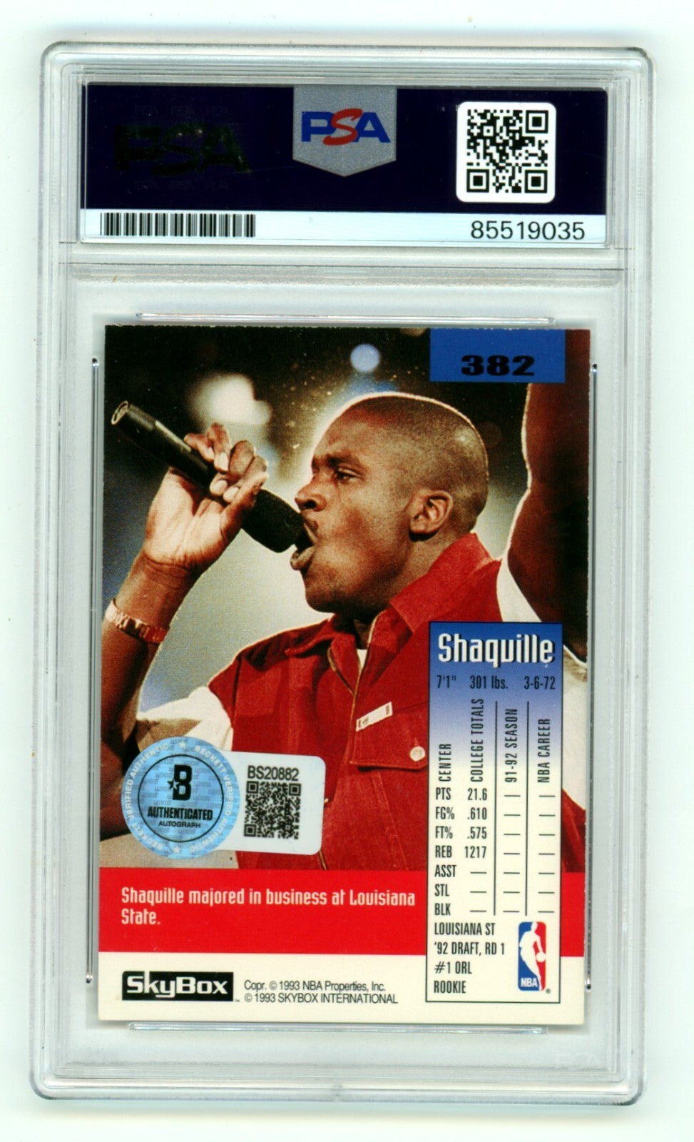 Shaquille O'Neal 1992-93 Skybox #382 Rookie RC Signed PSA 10 Auto BAS Magic Shaq1