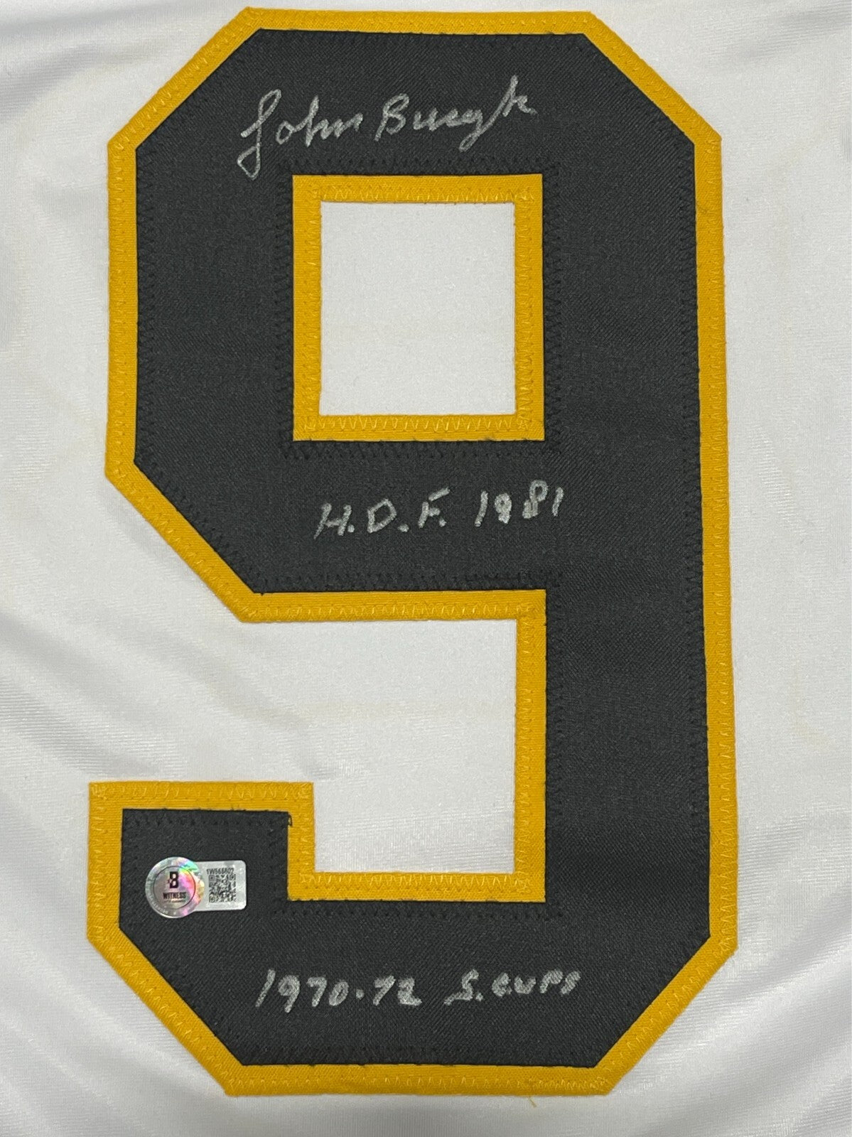 Johnny Bucyk Signed Boston Bruins Custom Jersey w/ HOF + SC Beckett BAS COA1