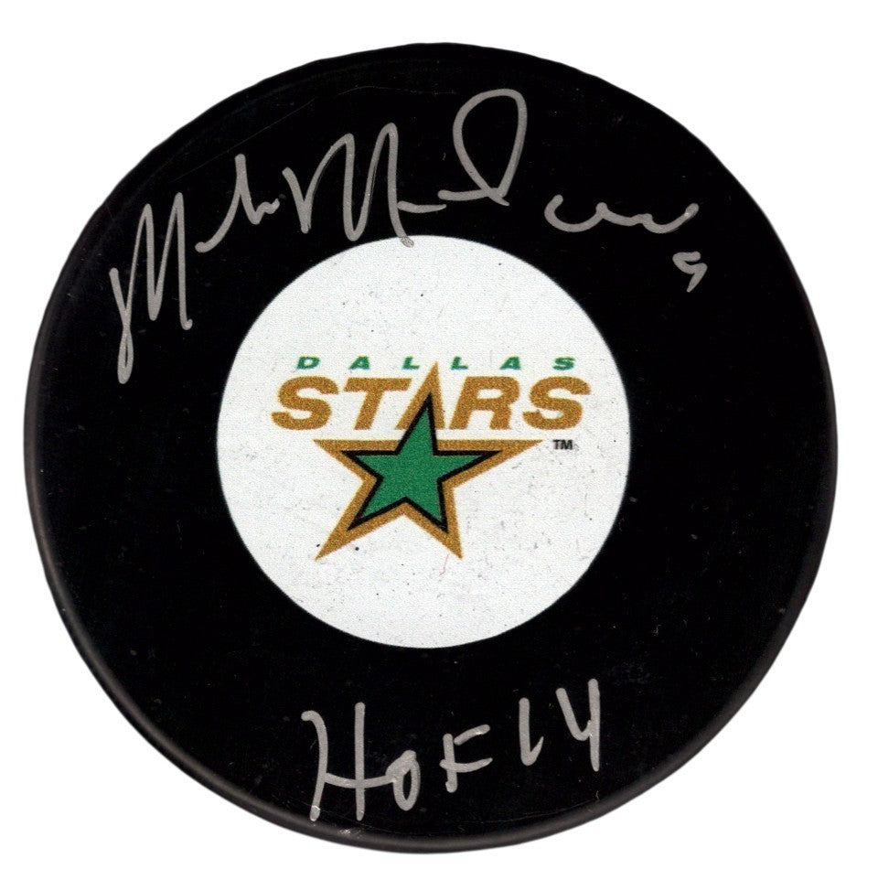 Mike Modano Signed Autographed Stars Logo Puck w/ HOF 2014 JSA Witness COA0