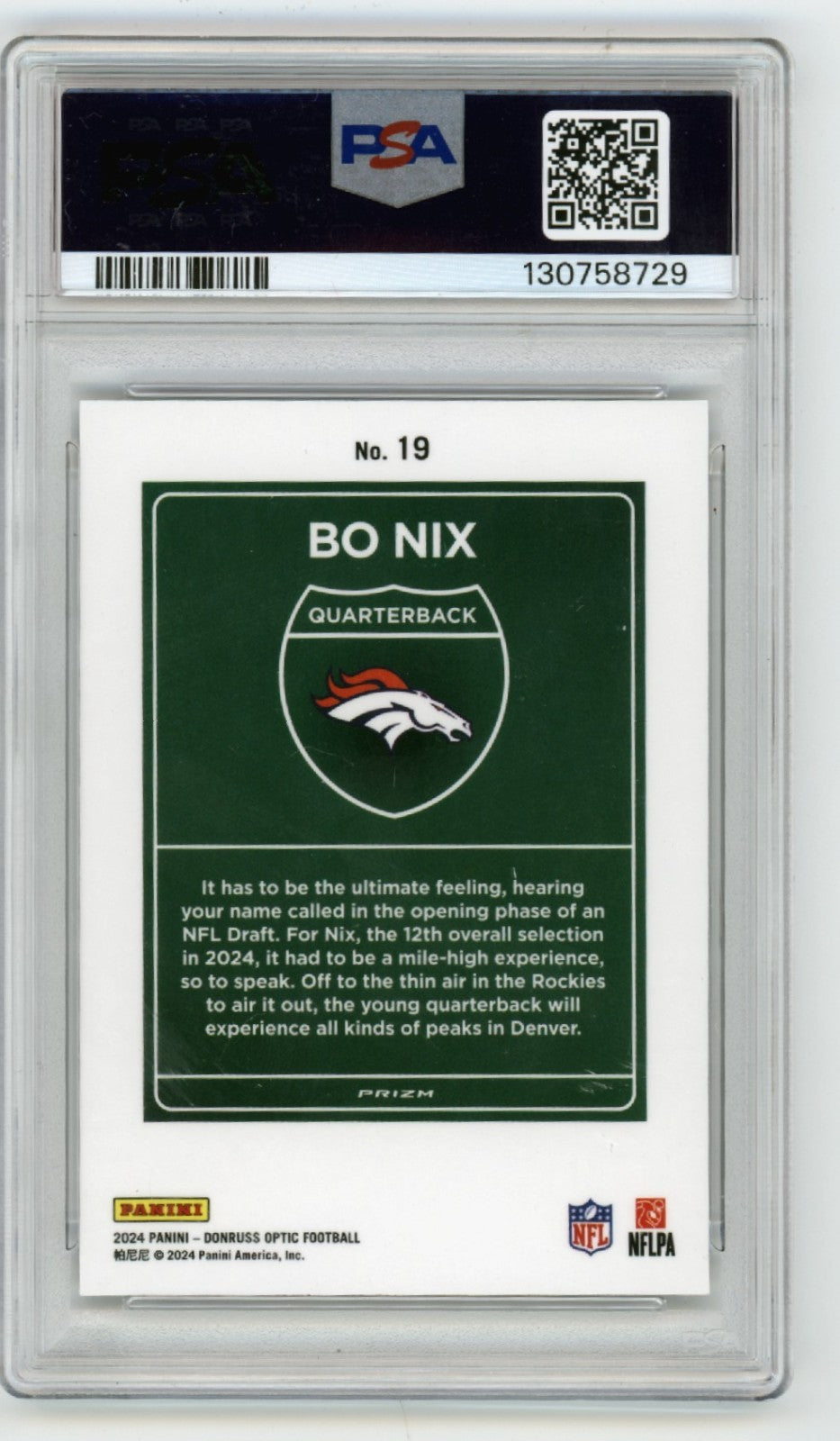 Bo Nix 2024 Donruss Optic Downtown 19 Signed Rookie RC Case Hit PSA Auto Broncos1