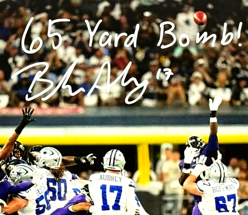Brandon Aubrey Signed Cowboys 11x14 Photo w/ 65 Yard Bomb Beckett Wit BAS COA1