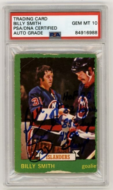 Billy Smith 1973-74 O-Pee-Chee OPC Rookie RC #142 Signed PSA 10 Auto w/ 4 Insc A0