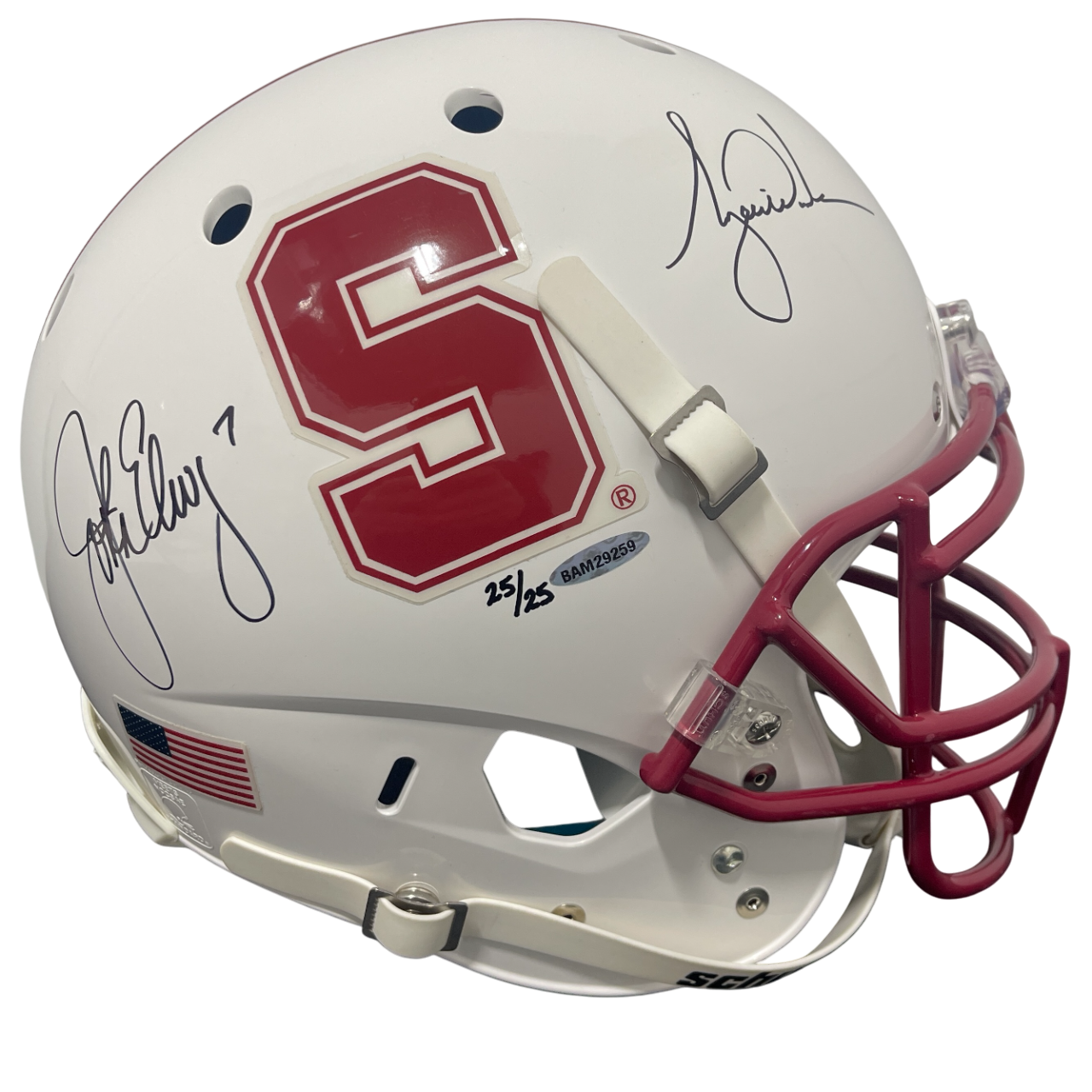 John Elway Tiger Woods Signed Stanford Full Size Helmet 25/25 Upper Deck UDA COA0