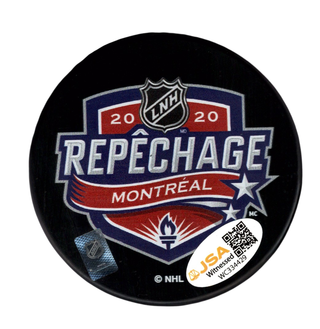Dawson Mercer Signed Autographed 2020 NHL Draft Puck JSA Witness COA Devils1