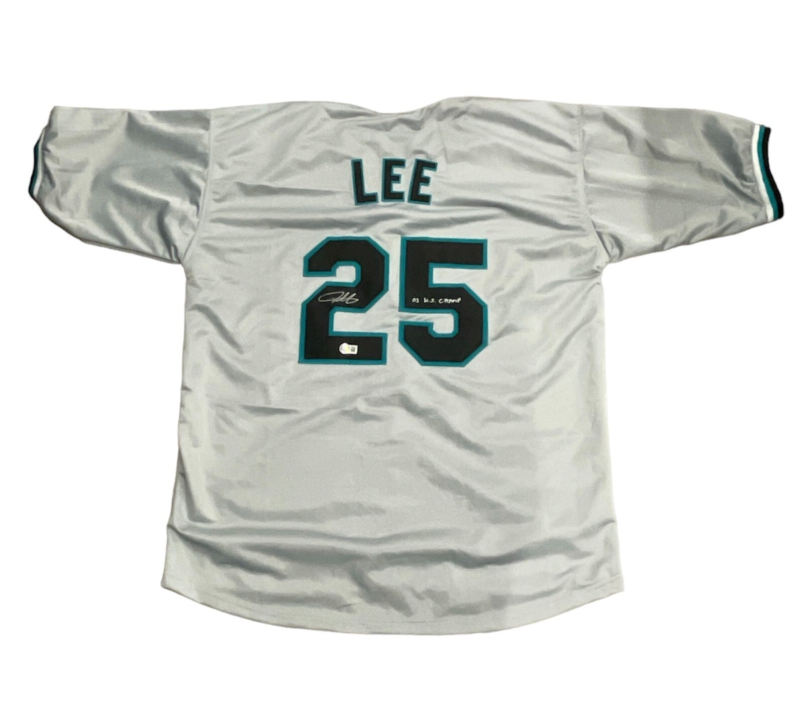 Derrek Lee Signed Florida Marlins Custom Jersey w 03 WS Champs Beckett W BAS COA0