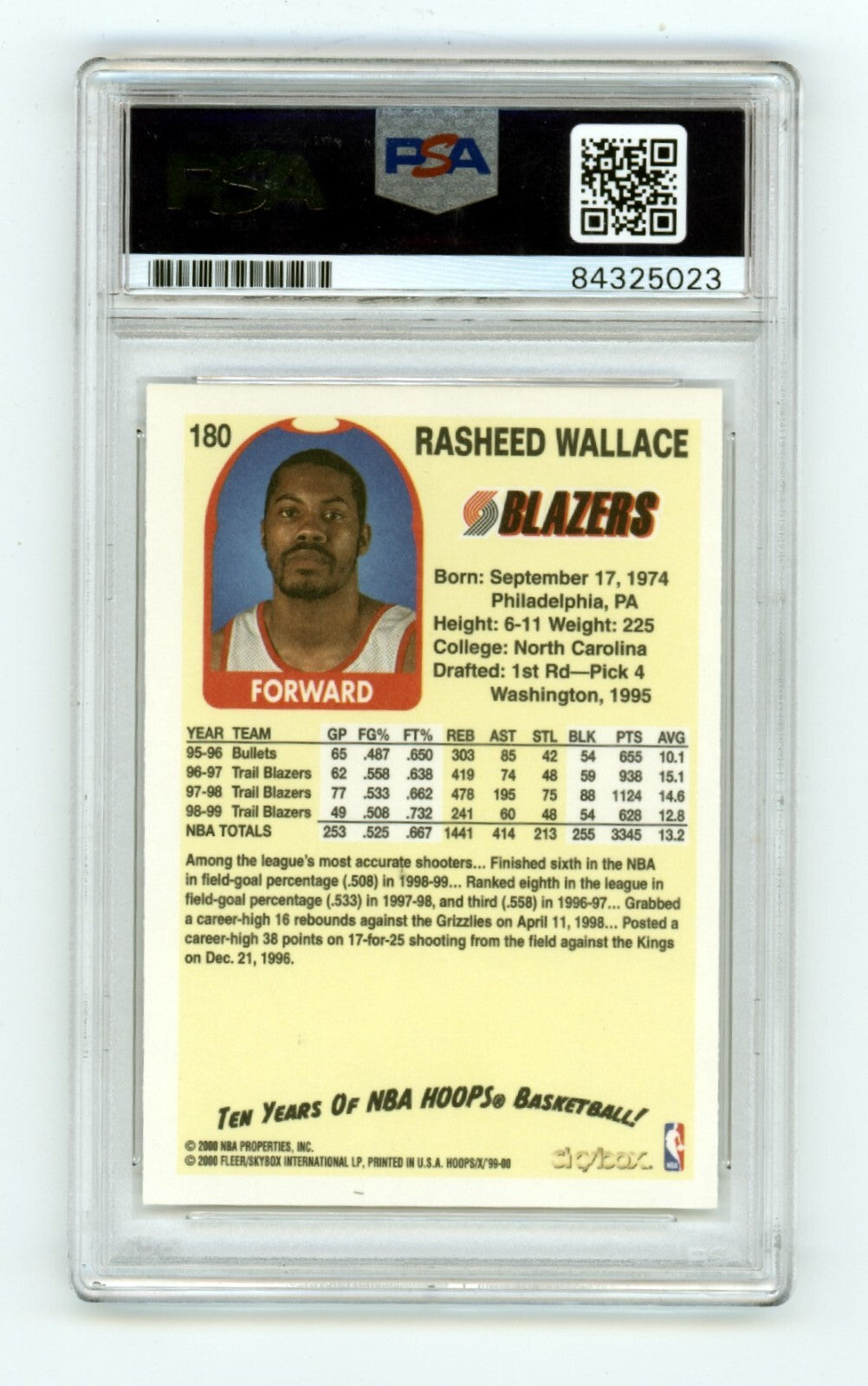 Rasheed Wallace 1999-00 Skybox NBA Hoops Decade Fleer #180 Signed PSA Auto1
