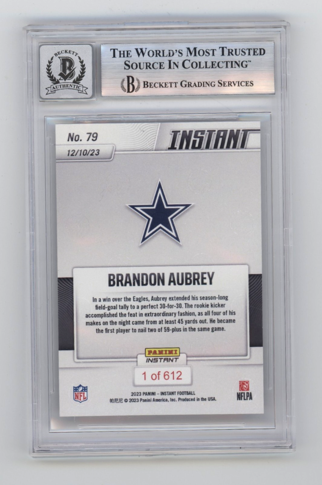 Brandon Aubrey 2023 Panini Instant #79 /612 Rookie RC Signed BGS 10 Auto Cowboys1