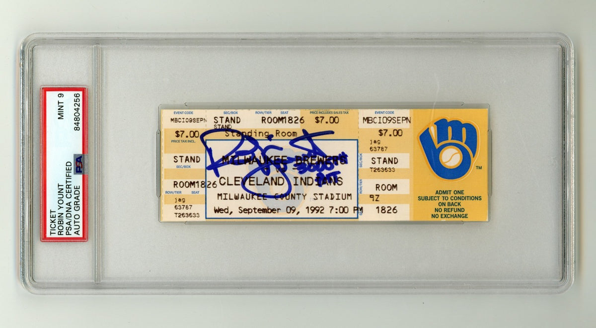 Robin Yount Signed 3000th Hit Game Ticket 9/9/1992 w/ 3000th Hit Insc PSA 9 Auto0