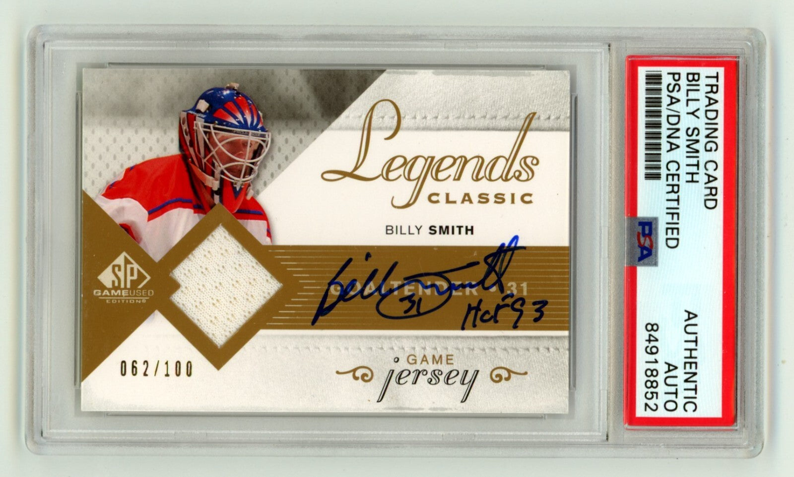 Billy Smith 2007-08 UD SP Game Used HGJBS Relic Auto /100 HOF PSA Authentic Auto0