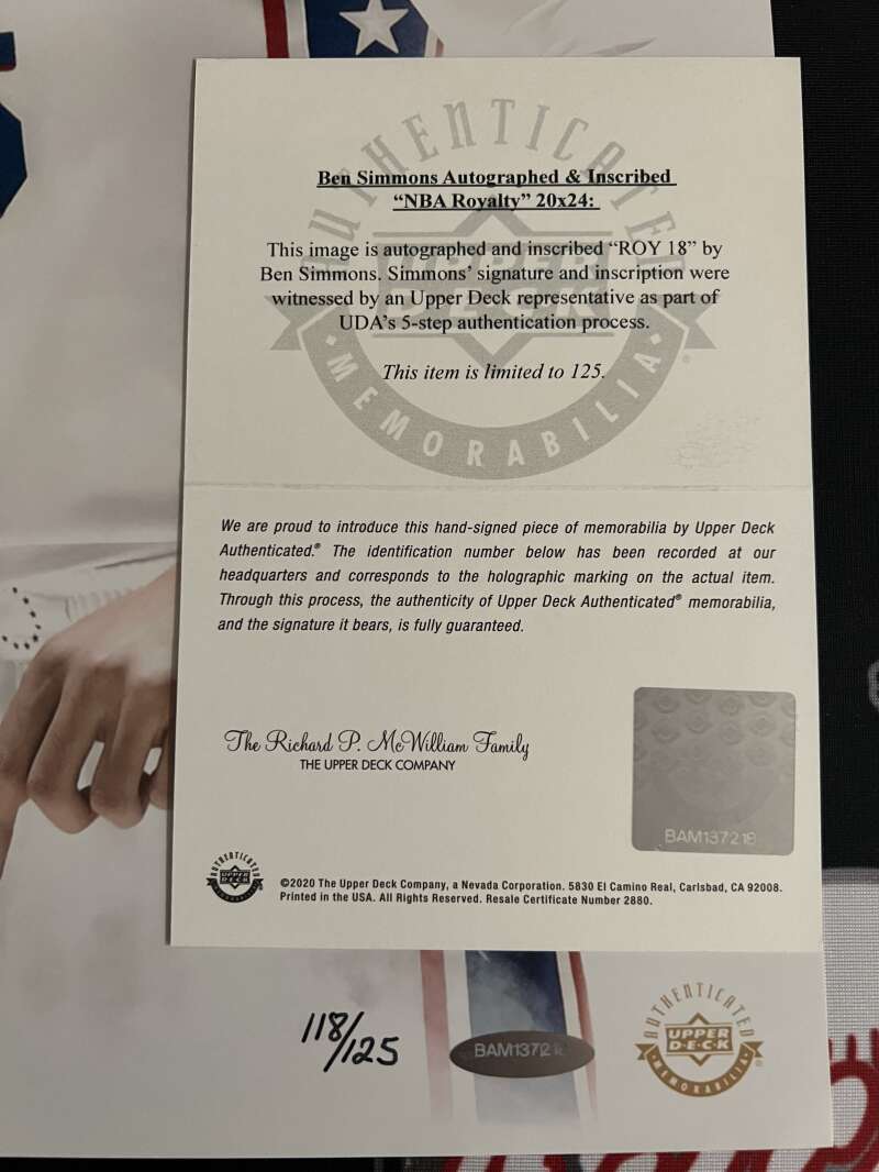 Ben Simmons Signed 20x24 Photo NBA Royalty "ROY 18" 11/125 UDA COA 76ers2