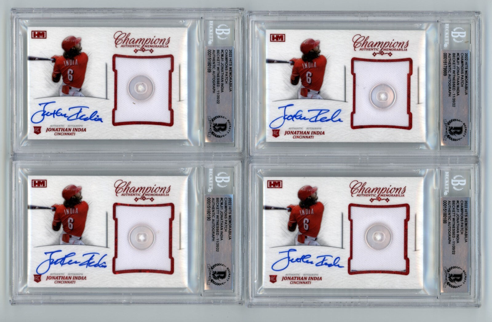 Jonathan India 2021 Hits Memorabilia Champions Red Prime Button Auto RC #/6 BGS0