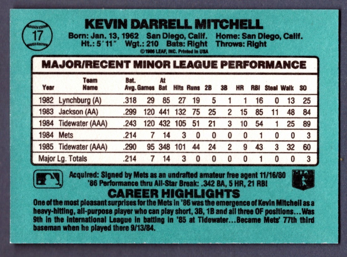 Kevin Mitchell Signed 1986 Donruss #17 The Rookies RC LSCM COA New York Mets1