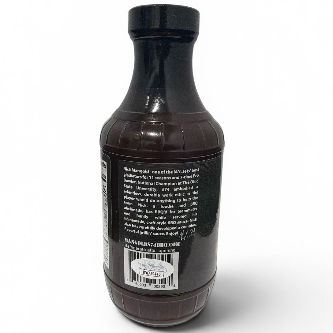 Nick Mangold Signed Autographed Mangold's 74 BBQ O.G. Sauce Jar JSA COA Jets3