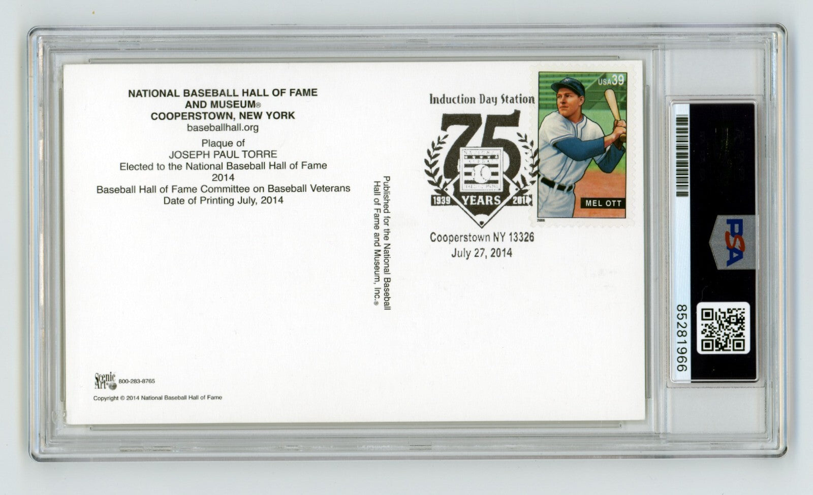 Joe Torre Signed Yellow HOF Plaque Post Card w/ Induction Day Stamp PSA 10 Auto1