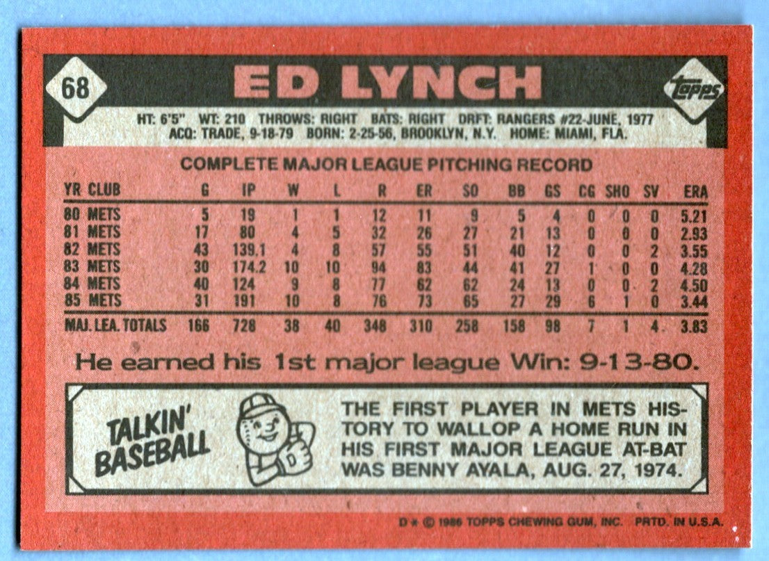 Ed Lynch Signed 1986 Topps #68 w/ 86 WSC LSCM COA New York Mets1