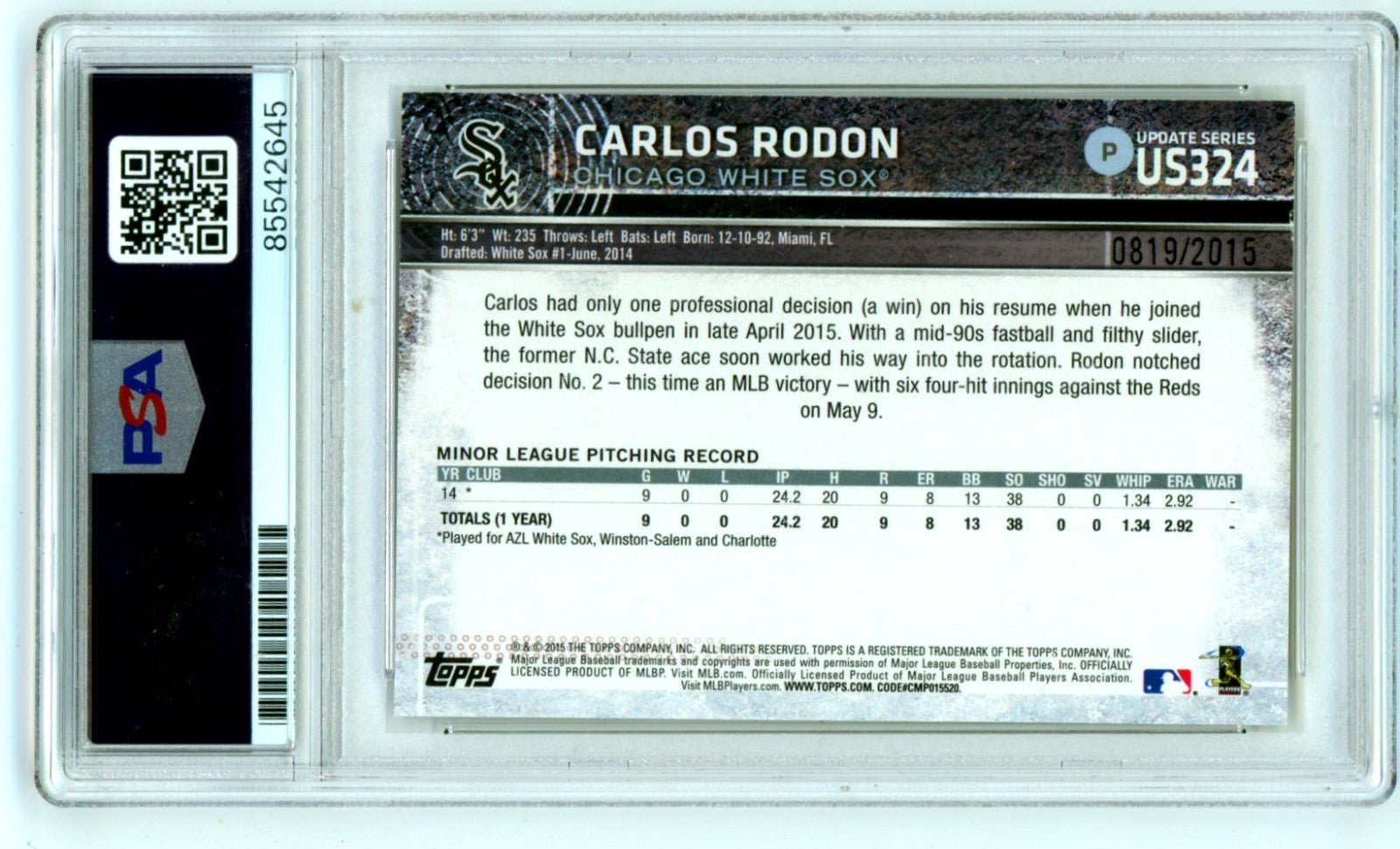Carlos Rodon 2015 Topps Update #US324 Signed Gold RC /2015 PSA Authentic Auto1