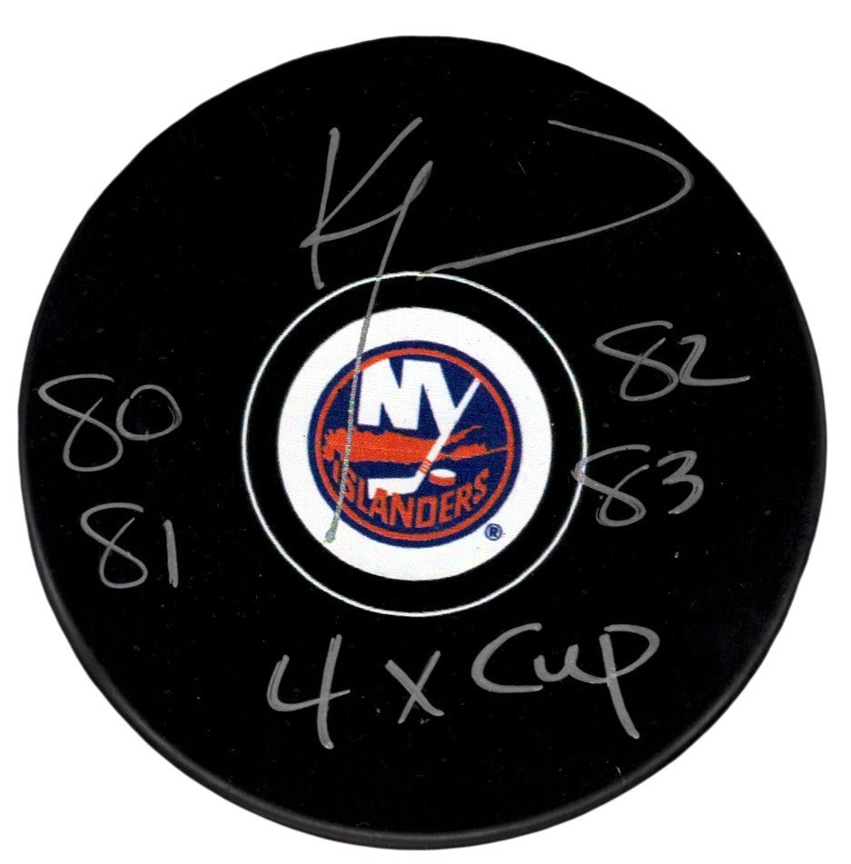 Ken Morrow Signed Islanders Puck w/ 80 81 82 83 4x Cup Beckett Witness BAS COA0