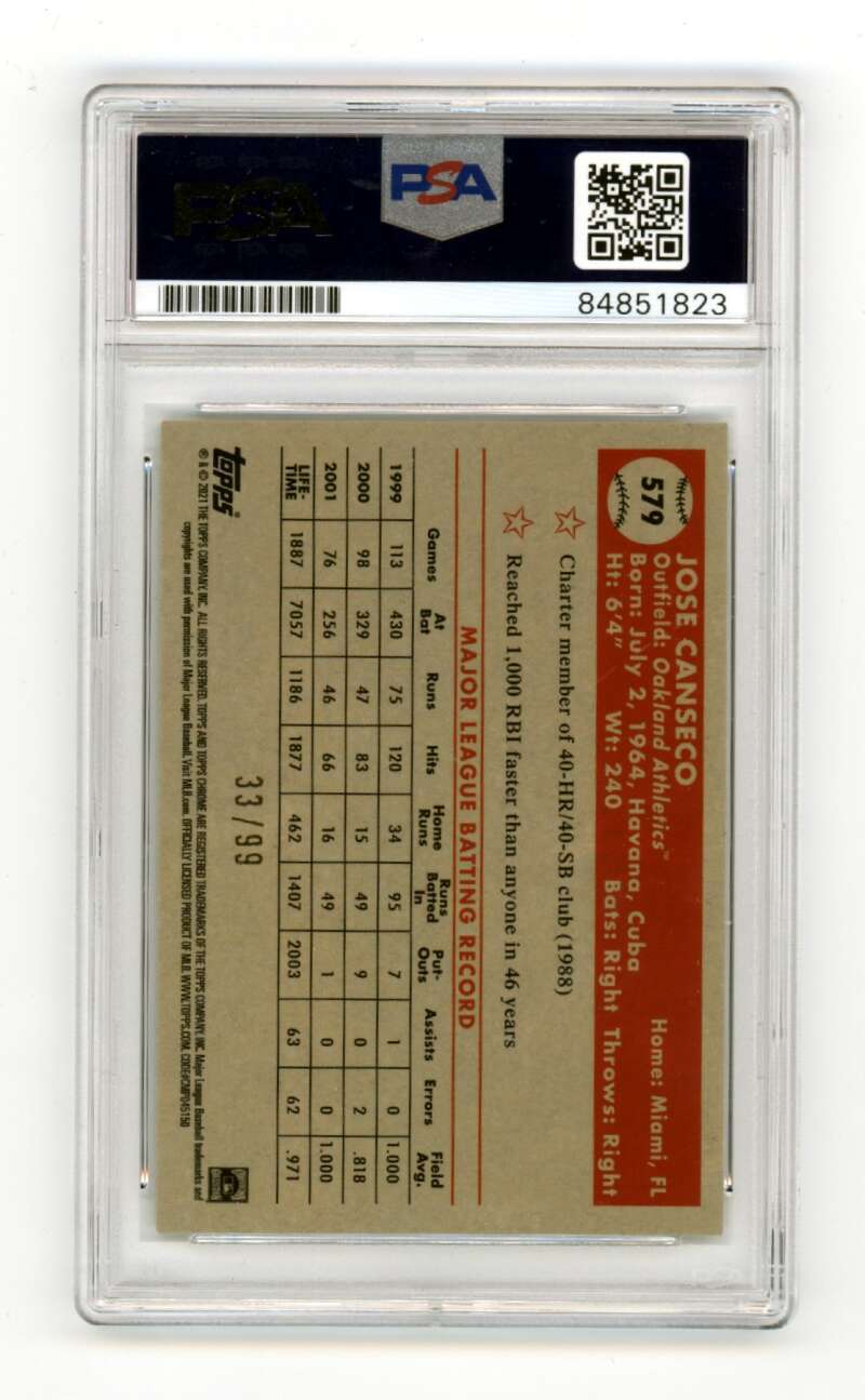 Jose Canseco 2021 Topps Chrome Platinum 579 Green JERSEY # 33/99 Signed PSA Auto1