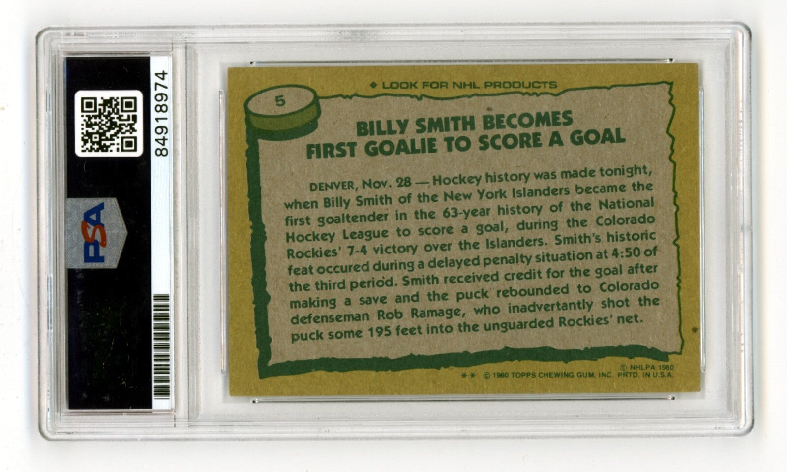Billy Smith 1980-81 Topps #5 Record Breaker Signed PSA Authentic Black Auto1