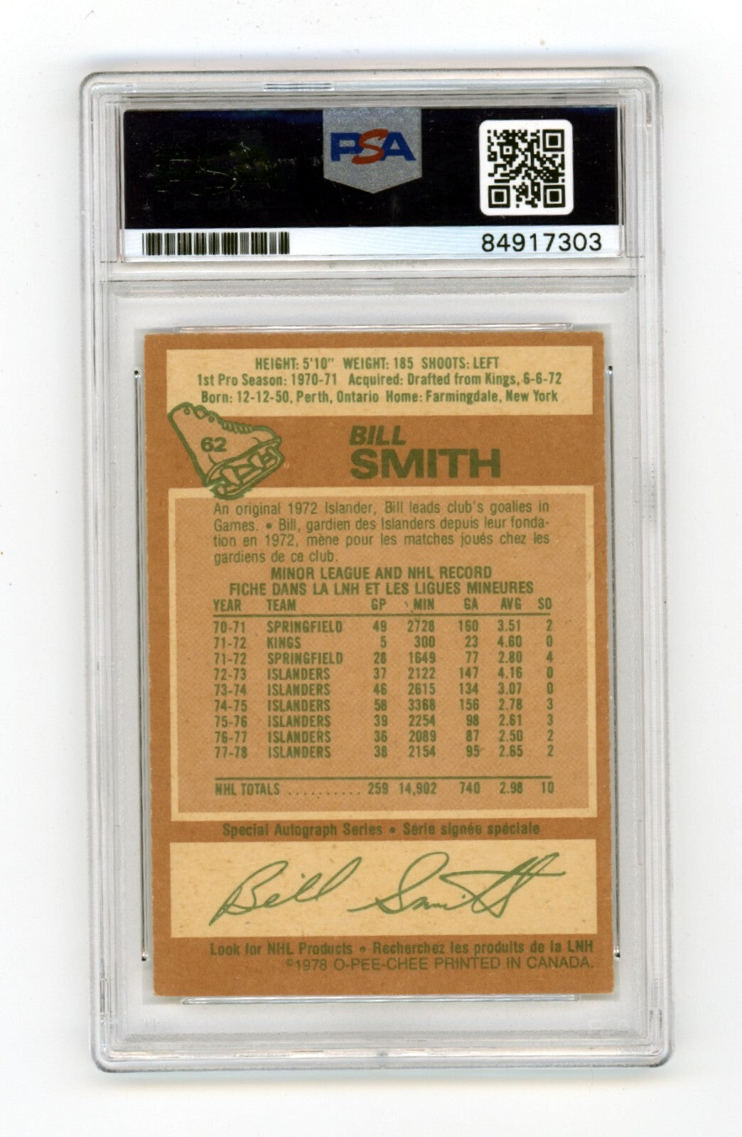 Billy Smith 1978-79 O-Pee-Chee OPC #62 Signed PSA Authentic Blue Auto NYI HOF1