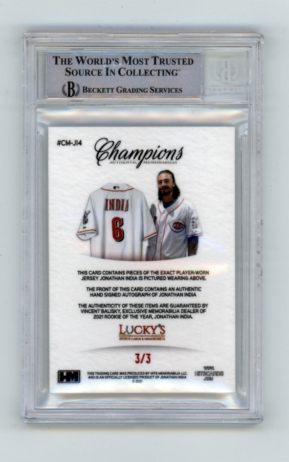 Jonathan India 2021 Hits Memorabilia Champions Red Majestic Tag Patch Auto RC /31