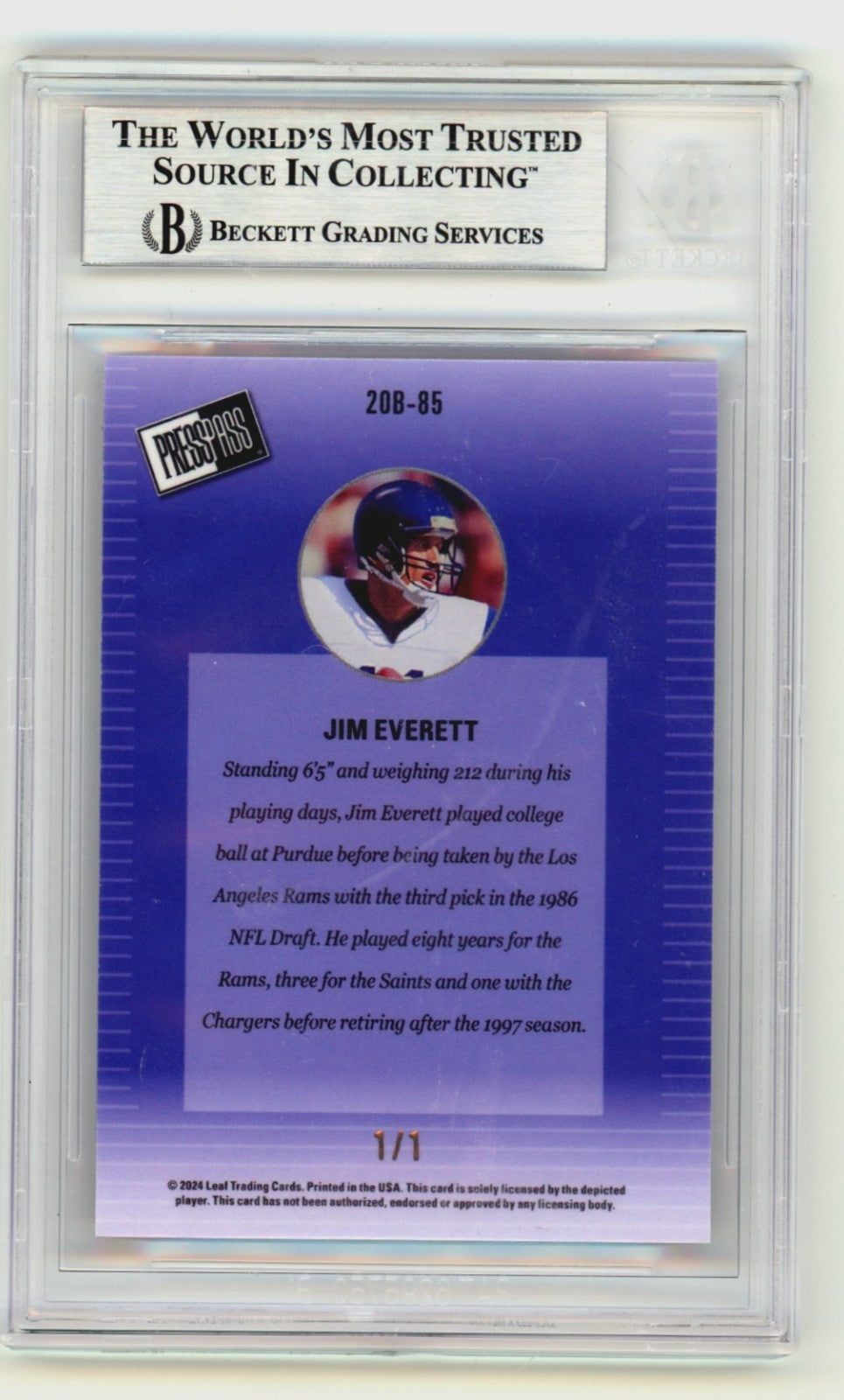 Jim Everett 2024 Leaf Press Pass Signed Shimmer Purple 1/1 w/ Insc. BGS BAS Auto1